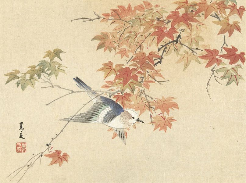 Bird flying near autumn branches by Matsumura Keibun - 1892 by Gave Meesters