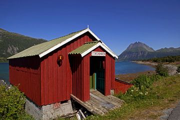 Grange rouge sur un des fjords en Norvège sur Coos Photography