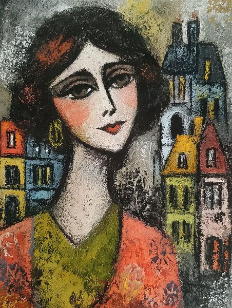Amsterdam | Vrouw met Kleurrijke Huizen van Abstract Schilderij