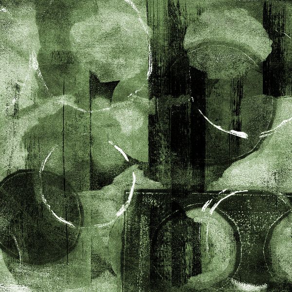 Modern abstract organic shapes and lines in green, black and white. by Dina Dankers