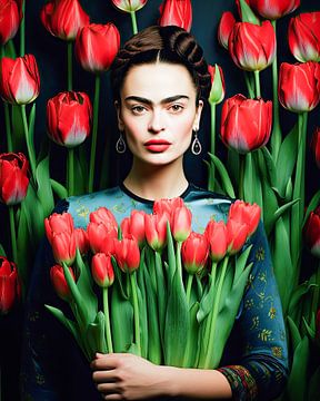 Portrait Frida et tulipes rouges sur Vlindertuin Art