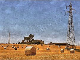 Italienisches Bauernhaus mit Pylonen und Strohballen