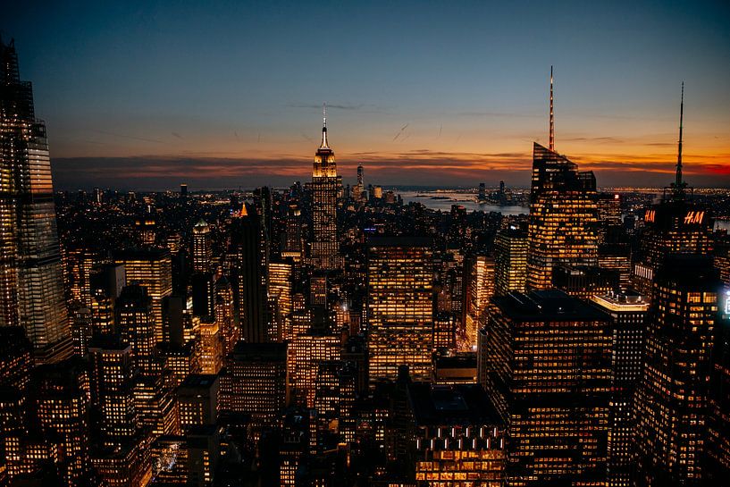 Manhattan skyline New york zonsondergang van Joyce van Doorn