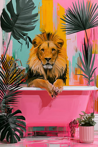 Lion in Bathtub, Tropical Bathroom Pink