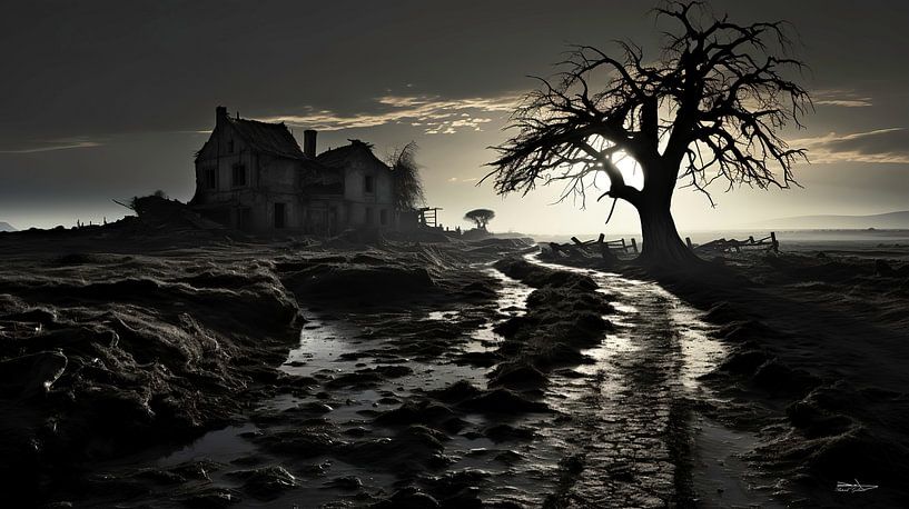 vieux bâtiment en noir et blanc avec une lumière dramatique par Gelissen Artworks