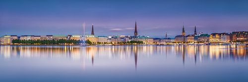 Hamburg panorama met Alster in het avondlicht.