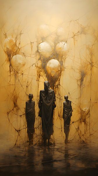 Moderne kunst surrealisme mensen zwart beige goud gebonden geest van Manipulatiemelodie