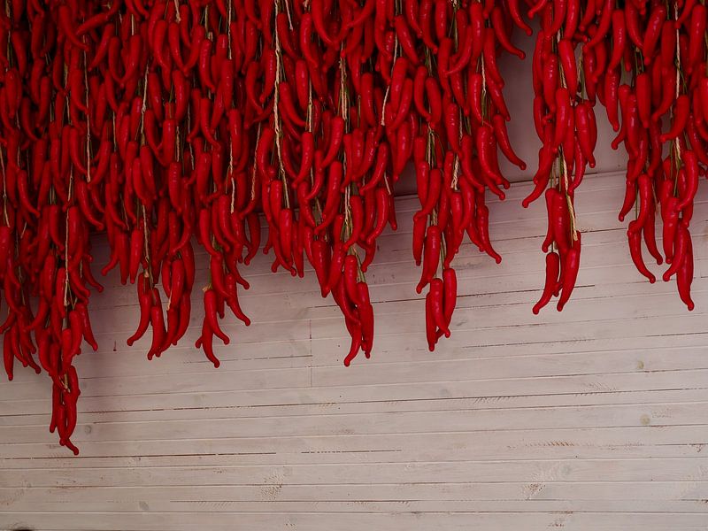 Des poivrons rouges contre le mur par Judith van Wijk