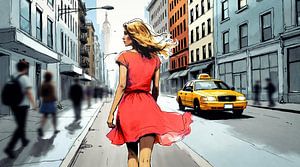 Femme en robe rouge dans une rue de New York avec un taxi jaune