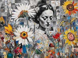 Collage abstrait de fleurs avec portrait de femme