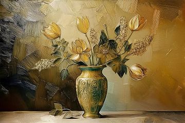 Classic still life painting: Vase with golden tulips by Studio Pieternel