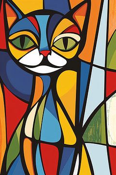 Kleurrijke geometrische kat illustratie kunstwerk van De Muurdecoratie