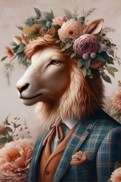 Sheep with garland in costume by Ellen Van Loon