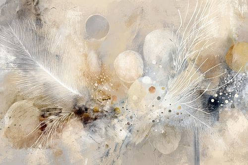 Beige abstract schilderij met veren en zachte accenten