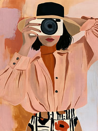 Stylish woman with a camera, dressed in a pink, fashionable outfit by Lina van Oers