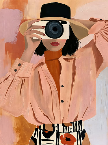 Stilvolle Frau mit Kamera in einem rosa Fashion-Look