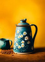 Stilleben mit Kaffeekanne und Kaffeebohnen