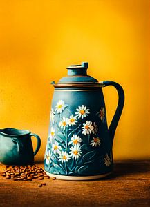 Stilleben mit Kaffeekanne und Kaffeebohnen