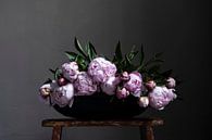 Peonies in flat bowl on red bench by Affect Fotografie thumbnail