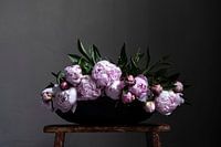 Peonies in flat bowl on red bench