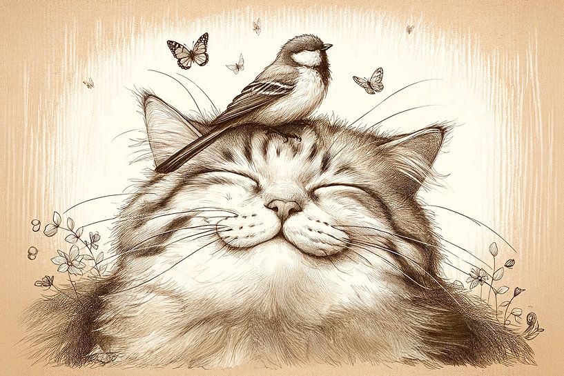 Serene happiness: cat and bird in harmony by artefacti
