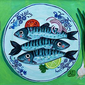 Fisch auf Teller | Hip Modernes Küchenstillleben mit Delfter Blauem Teller mit Fisch von Anita Letuve
