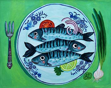 Fisch auf Teller | Hip Modernes Küchenstillleben mit Delfter Blauem Teller mit Fisch