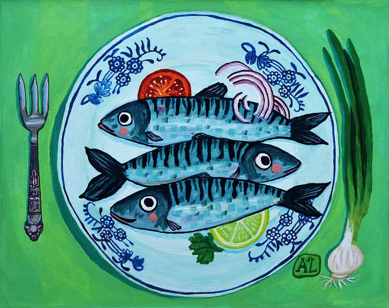Fisch auf Teller | Hip Modernes Küchenstillleben mit Delfter Blauem Teller mit Fisch von Anita Letuve