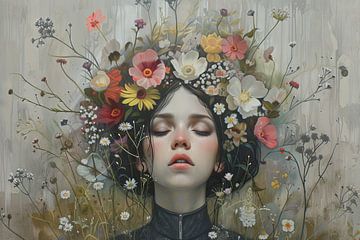 Vrouwen Schilderij | Floral Serenity Dream van Kunst Kriebels