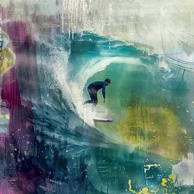 Abstract schilderij van een surfer op een golf -3 van BowiScapes abstract en digitale kunst