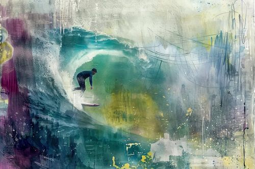 Abstract schilderij van een surfer op een golf -3