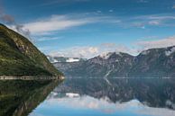 reflectie van de bergen in de het eidfjord in Noorwegen bij Voringvossen van ChrisWillemsen thumbnail