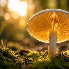 Nature wall art: mushroom backlit from below – serene macro photography with a luminous texture for the living room by Fototante