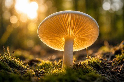 Nature wall art: mushroom backlit from below – serene macro photography with a luminous texture for the living room