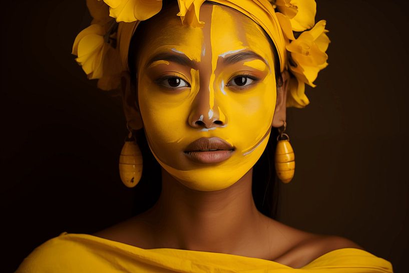 Strahlend gelbe Schönheit: Ein Frauenporträt mit traditioneller Bemalung und floralem Kopfschmuck vor dunklem Hintergrund von Glitzy Fusion Frames