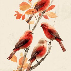 Quatre oiseaux rouges sur une branche sur Digital Picture Art