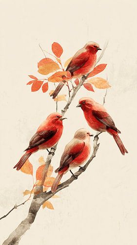 Four Red Birds on a Branch