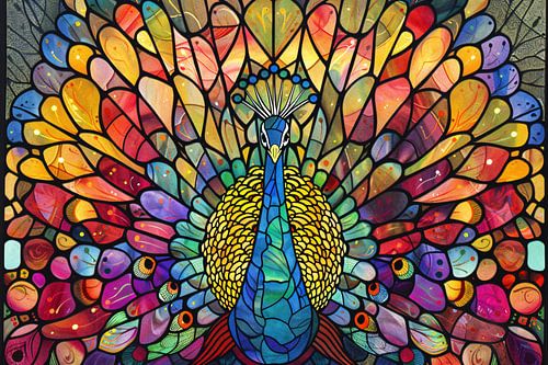 Pauw in kleurrijke glas-in-lood stijl