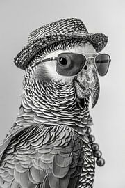 Parrot with sunglasses and hat in black and white by Poster Art Shop