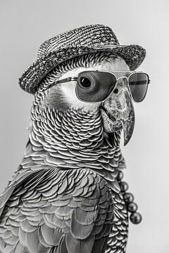 Papegaai met zonnebril en hoed in zwart en wit van Felix Brönnimann