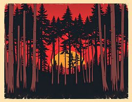 Crimson Canopy : Un coucher de soleil à travers les pins sur Artistic