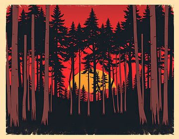 Crimson Canopy: Een zonsondergang door de dennenbomen van Artistic