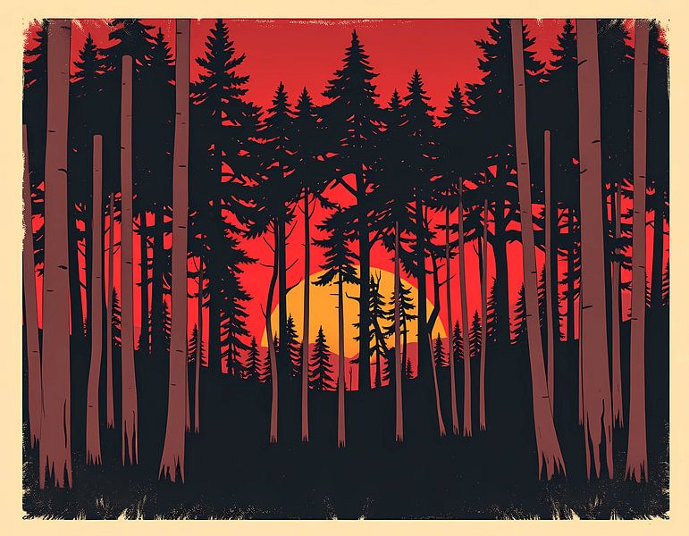 Crimson Canopy : Un coucher de soleil à travers les pins par Artistic