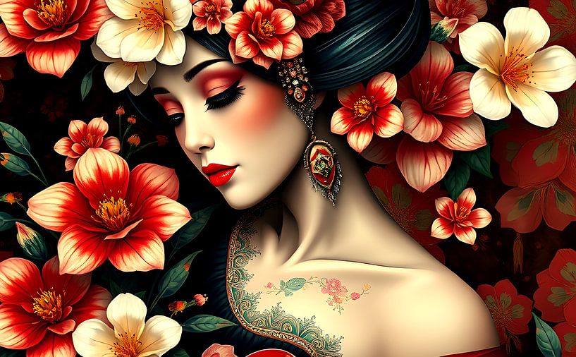 Geisha orientale avec des fleurs par Egon Zitter
