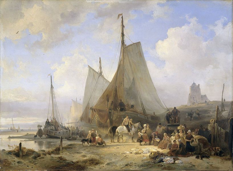 Bateaux de pêche sur la plage avec des pêcheurs et des femmes triant les prises, Wijnand Nuijen par Des maîtres magistraux