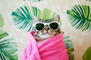 Stylishe Katze im Handtuch – Urlaubsfeeling von Poster Art Shop