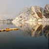 Lofoten fjord met besneeuwde bergen en reflectie van Nadia Feys