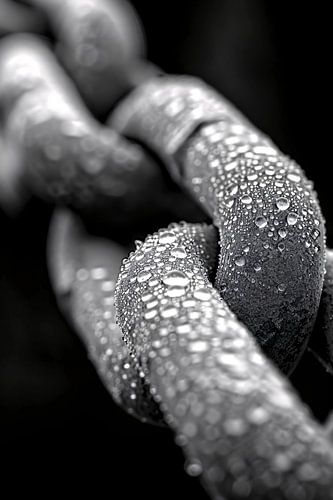 Zwart-witfoto van dauwdruppels op een ketting