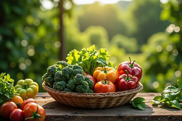 Korb mit frischem Gemüse auf Holztisch von Markus Gann
