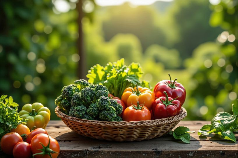 Korb mit frischem Gemüse auf Holztisch von Markus Gann